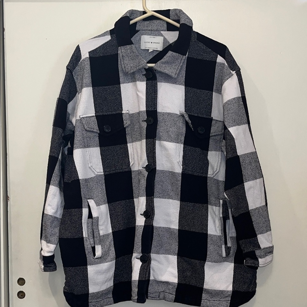 Lucky Brand Monochrome Checkered Long Thick Cotton Pea Coat / Jacket